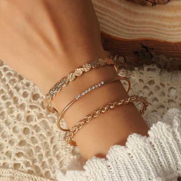 

3pcs Rhinestone Decor Cuff Bangle, Gold