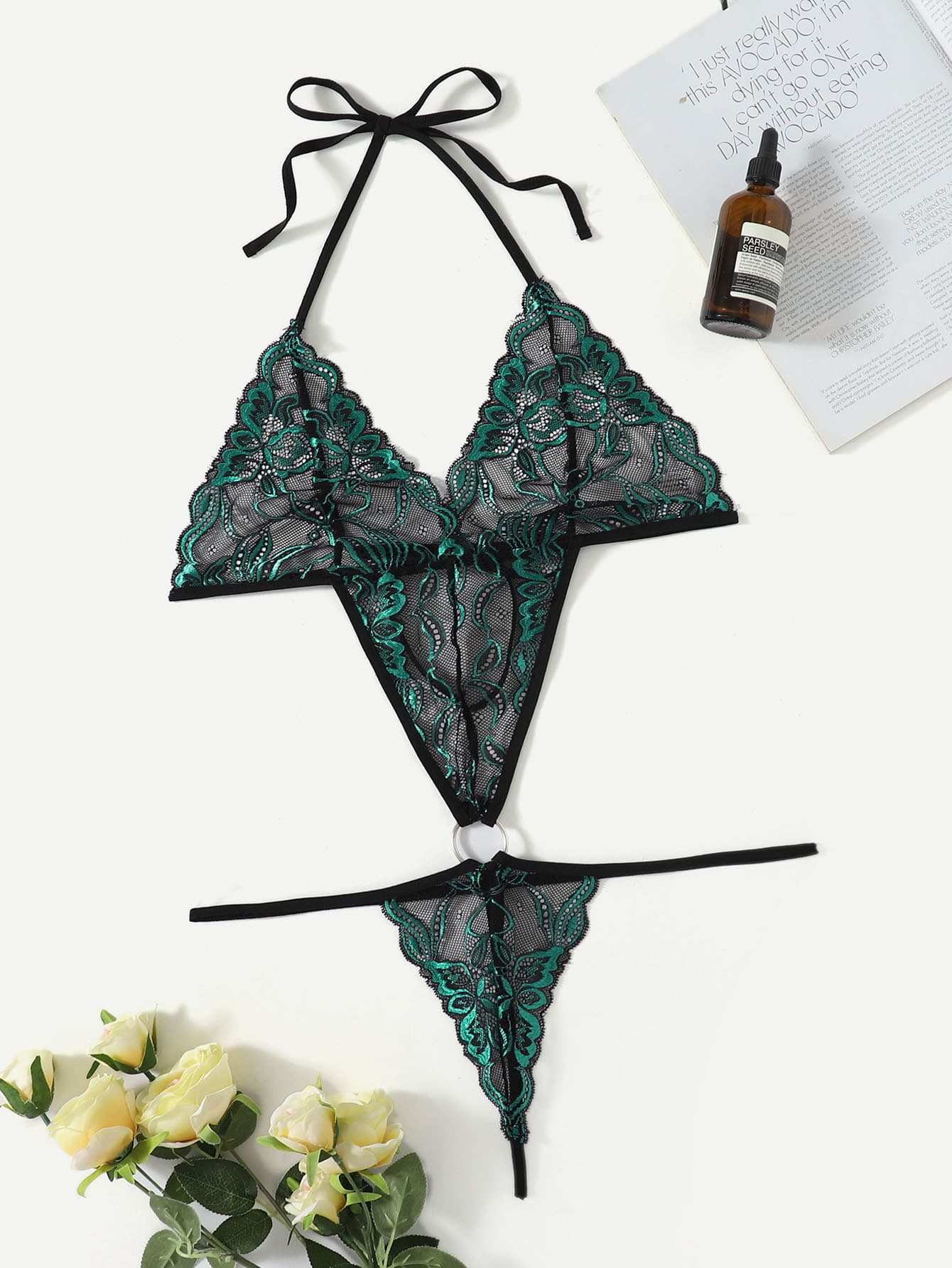 Plus Lace Cut-out Ring Linked Teddy Bodysuit - Multicolor - View 1