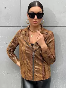 SHEIN Clasi Cazadora con patrón de piel de serpiente con cremallera sintética - Marrón - Ver 1