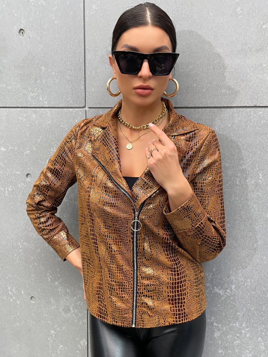 SHEIN Clasi Cazadora con patrón de piel de serpiente con cremallera sintética - Marrón - Ver 1