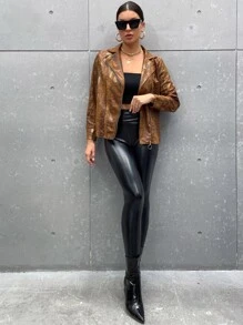 SHEIN Clasi Cazadora con patrón de piel de serpiente con cremallera sintética - Marrón - Ver 3