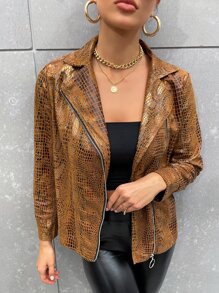 SHEIN Clasi Cazadora con patrón de piel de serpiente con cremallera sintética - Marrón - Ver 4