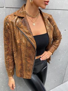 SHEIN Clasi Cazadora con patrón de piel de serpiente con cremallera sintética - Marrón - Ver 5