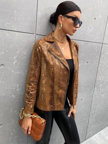 SHEIN Clasi Cazadora con patrón de piel de serpiente con cremallera sintética - Marrón - Ver 6