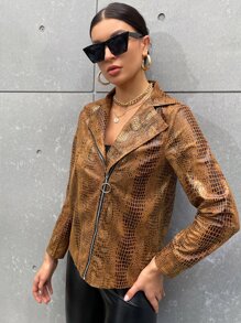 SHEIN Clasi Cazadora con patrón de piel de serpiente con cremallera sintética - Marrón - Ver 7