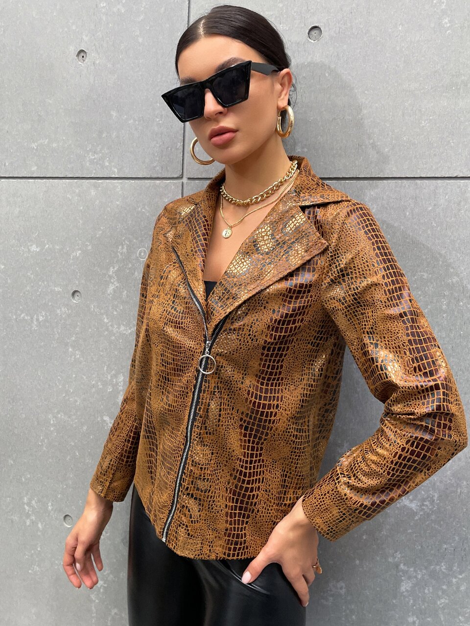 Snakeskin Pattern Zipper Up Suedette Jacket