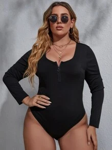 Plus Ribbed Knit Quarter Zip Bodysuit - Black - View 1