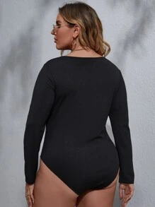 Plus Ribbed Knit Quarter Zip Bodysuit - Black - View 2