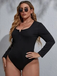 Plus Ribbed Knit Quarter Zip Bodysuit - Black - View 3