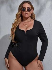 Plus Ribbed Knit Quarter Zip Bodysuit - Black - View 4