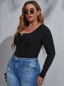 Plus Ribbed Knit Quarter Zip Bodysuit - Black - View 6