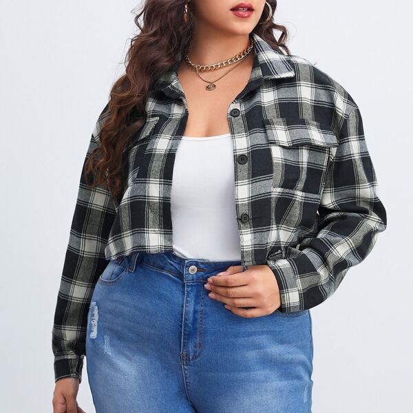 

Plus Plaid Flap Pocket Jacket, Black and white