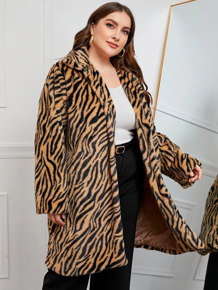 Plus Tiger Skin Print Teddy Coat - Multicolor - View 1