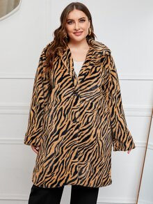 Plus Tiger Skin Print Teddy Coat - Multicolor - View 5
