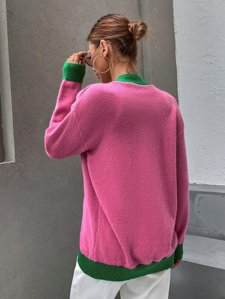 Contrast Trim Drop Shoulder Cardigan | SHEIN EUR