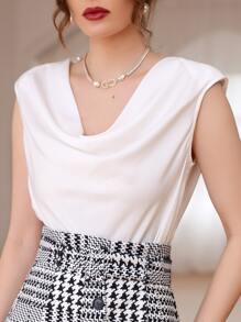 Modelyn Draped Collar Shoulder Pads Satin Tank Top