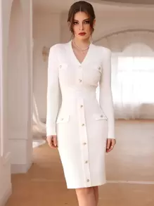 Modelyn Flap Detail Button Through Jumper Dress - White - View 1