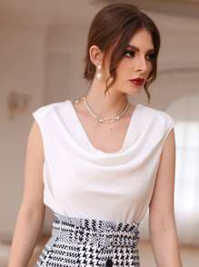 Modelyn Draped Collar Shoulder Pads Satin Tank Top