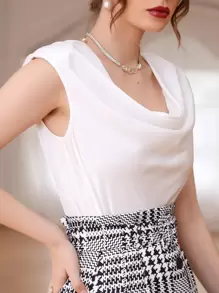 Modelyn Draped Collar Shoulder Pads Satin Tank Top