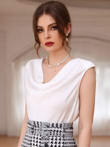 Modelyn Draped Collar Shoulder Pads Satin Tank Top