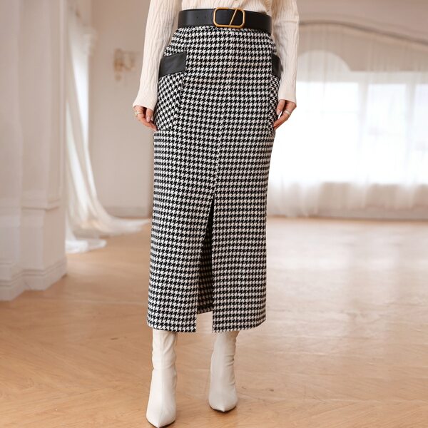 

High Waist Houndstooth Split Hem Dual Pocket Tweed Skirt Without Belt, Black and white