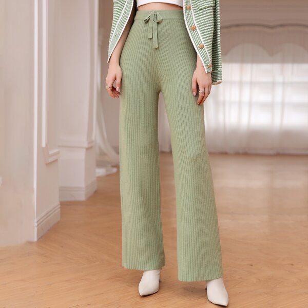 

High Waist Knot Front Ribbed Knit Pants, Mint green