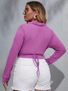 áo nữ kích thước lớn Nút Hội Chữ thập Xù Buộc lại màu trơn Giải trí - Màu Lilac Tím - Xem 2