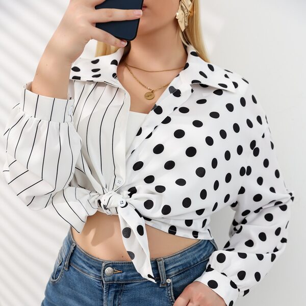 

Plus Striped & Polka Dot Spliced Blouse, Black and white