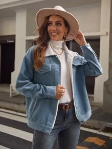 SHEIN Unity Corduroy Teddy-collar Drop Shoulder Jacket - Dusty Blue - View 1