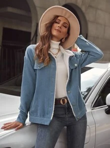 SHEIN Unity Corduroy Teddy-collar Drop Shoulder Jacket - Dusty Blue - View 4