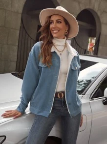 SHEIN Unity Corduroy Teddy-collar Drop Shoulder Jacket - Dusty Blue - View 6