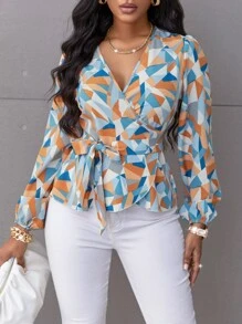 SHEIN Clasi Random Geo Print Belted Blouse Women Shirt - Multicolor - View 3