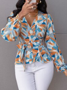 SHEIN Clasi Random Geo Print Belted Blouse Women Shirt - Multicolor - View 4