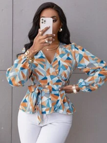 SHEIN Clasi Random Geo Print Belted Blouse Women Shirt - Multicolor - View 6