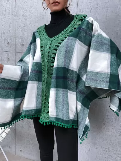 SHEIN Swim Cubrecuerpos con ribete de contraste a cuadros y pompones, para playa y vacaciones de verano