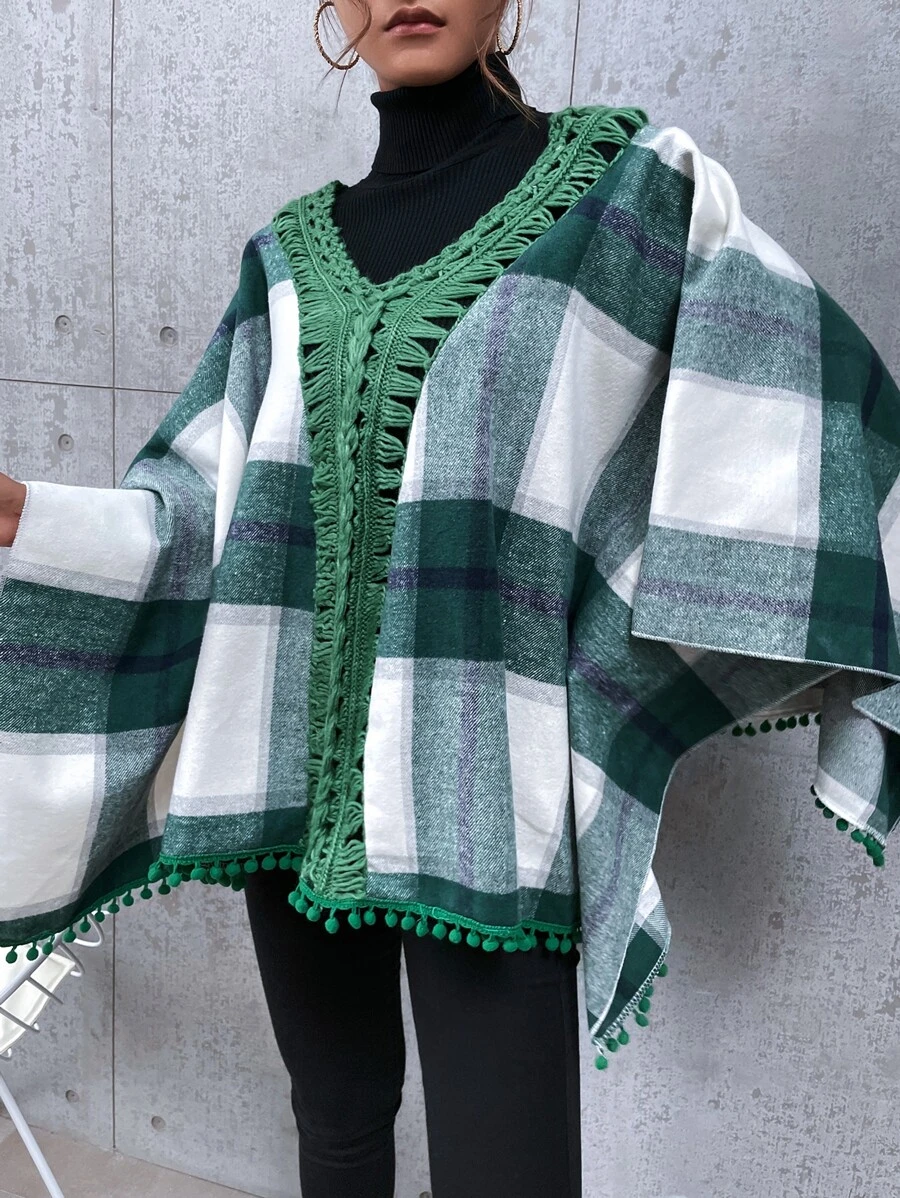 SHEIN Swim Plaid Contrast Binding Pom-Pom Trim Cover Up, For Summer Beach Vacation - Green - View 1