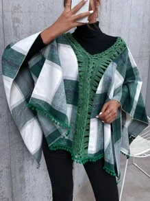 SHEIN Swim Plaid Contrast Binding Pom-Pom Trim Cover Up, For Summer Beach Vacation - Green - View 4