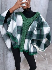 SHEIN Swim Plaid Contrast Binding Pom-Pom Trim Cover Up, For Summer Beach Vacation - Green - View 5