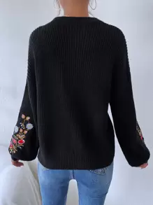 SHEIN 花卉刺绣主教袖毛衣，长袖针织套头衫，秋冬款 - 黑色 - 查看 2