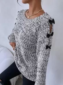 SHEIN Essnce Marled Knit Bow Side Jumper - Black and White - View 3