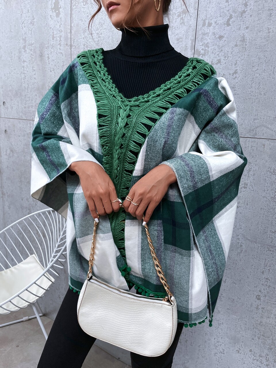 Plaid Contrast Binding Pom-Pom Trim Cover Up, For Summer Beach Vacation