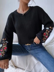 SHEIN 花卉刺绣主教袖毛衣，长袖针织套头衫，秋冬款 - 黑色 - 查看 3