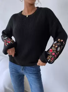 SHEIN 花卉刺绣主教袖毛衣，长袖针织套头衫，秋冬款 - 黑色 - 查看 4