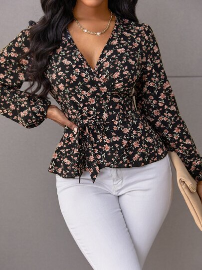 SOLERSUN Random Floral Print Belted Blouse Women Shirt,Long Sleeve Tops Fall Cloth For Women