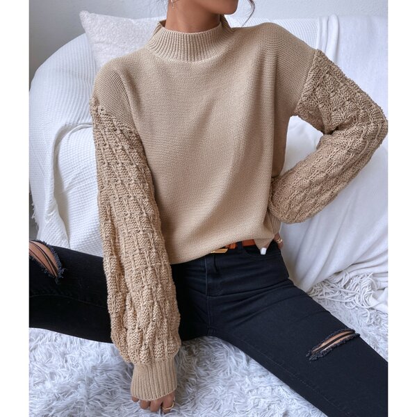 

Stand Collar Drop Shoulder Sweater, Khaki
