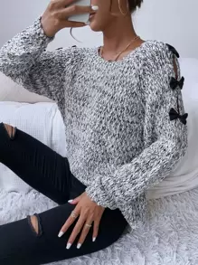 SHEIN Essnce Marled Knit Bow Side Jumper - Black and White - View 6