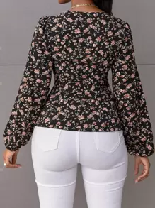 SOLERSUN Blusa con estampado floral aleatorio y cinturón, blusas de manga larga para mujer, ropa de otoño - Multicolor - Ver 2
