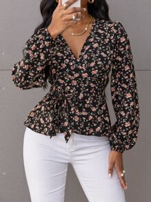 SOLERSUN Blusa con estampado floral aleatorio y cinturón, blusas de manga larga para mujer, ropa de otoño - Multicolor - Ver 4