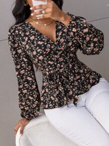 SOLERSUN Blusa con estampado floral aleatorio y cinturón, blusas de manga larga para mujer, ropa de otoño - Multicolor - Ver 5