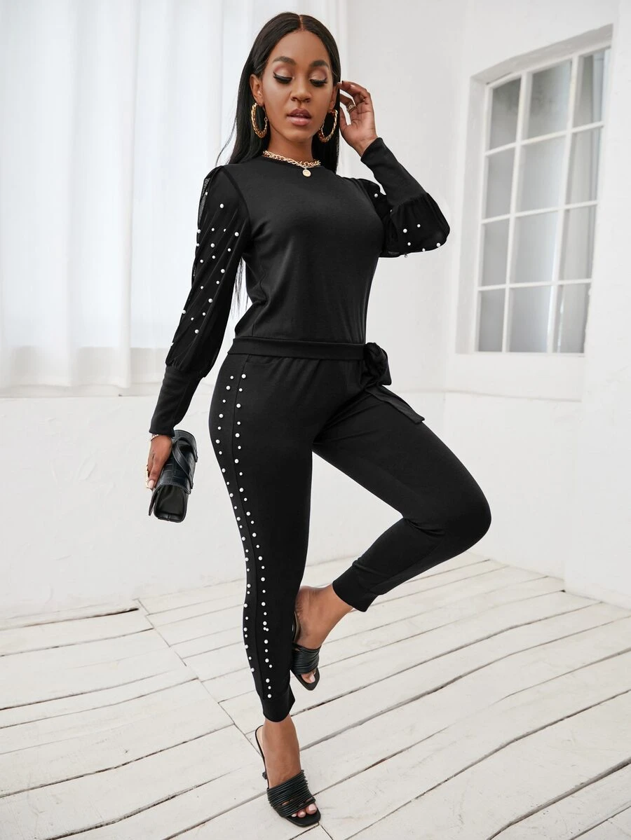 珍珠串珠結飾下擺運動衫和衛褲 - 黑色 - 查看 1